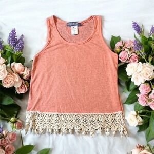 Rebel Sugar Women's XS Peach Sleeveless Tank Top with‎ Crochet Fringe Hem Sheer